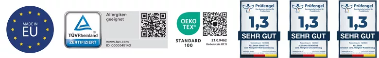 Siegel für allsana Encasing: TÜV, Prüfengel, Öko-Tex, hergestellt in der EU